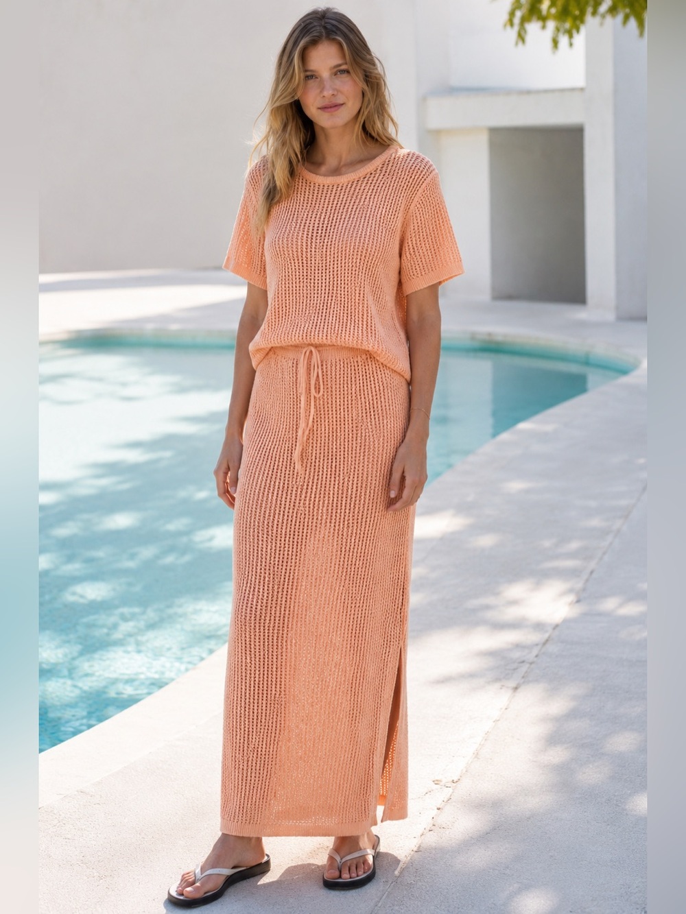 By Together Aidan Open Knit Top and Maxi Skirt Set - Peach color